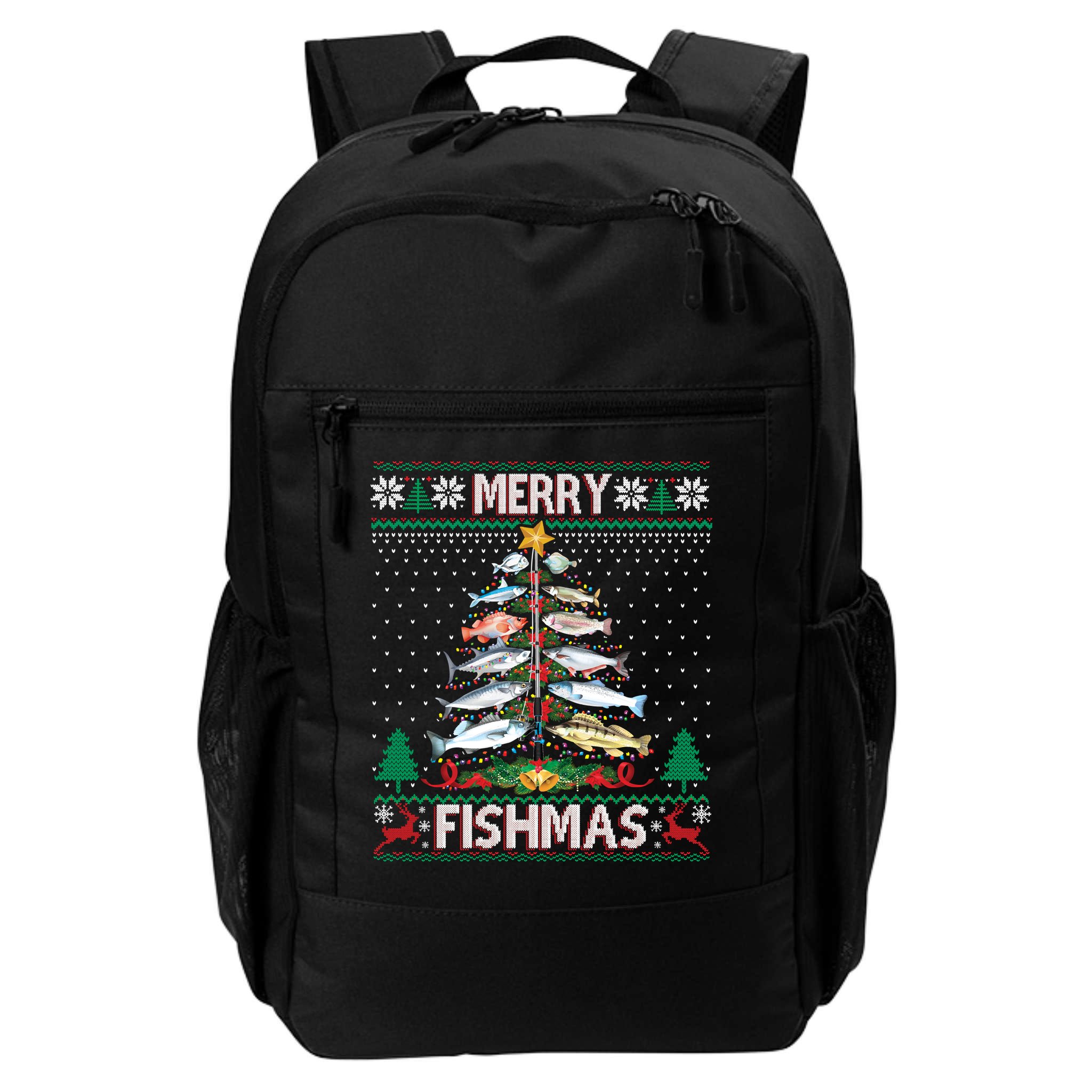 Merry Fishmas Ugly Sweater Fish Fishing Rod Christmas Tree Backpack