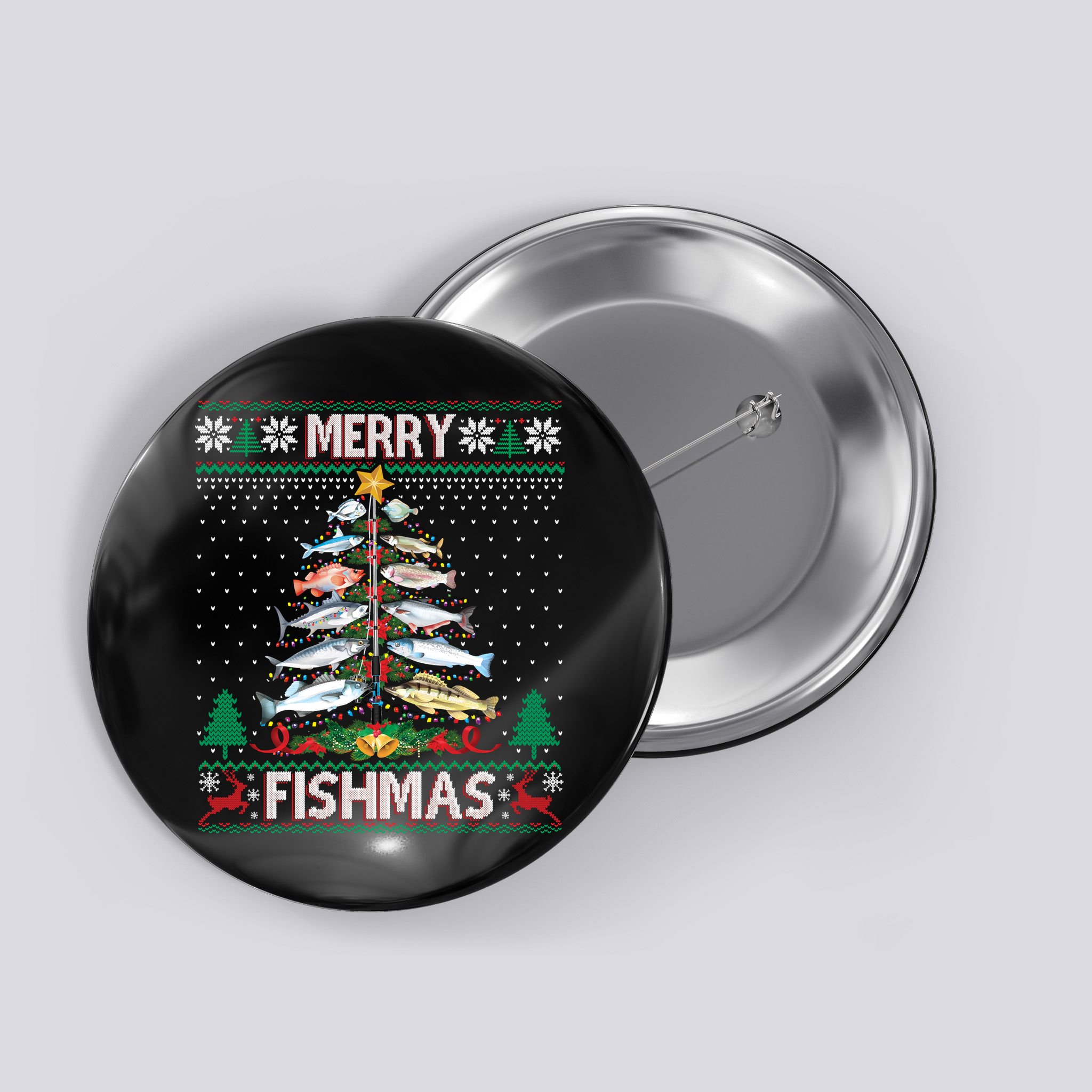 Merry Fishmas Ugly Sweater Fish Fishing Rod Christmas Tree Button
