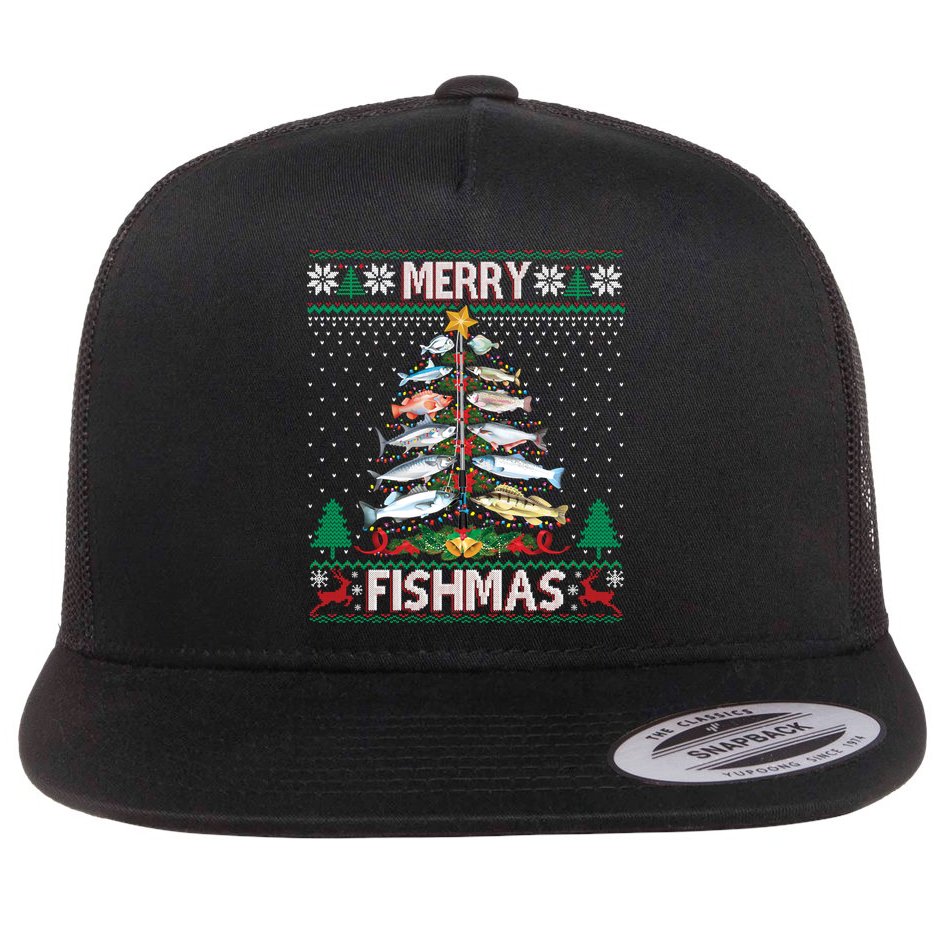 Merry Fishmas Ugly Sweater Fish Fishing Rod Christmas Tree Flat Bill Trucker Hat