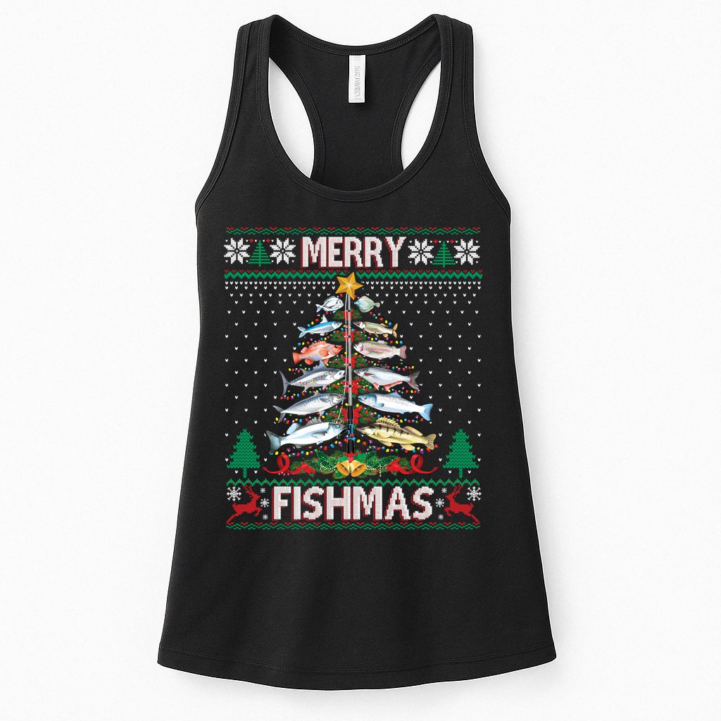 Merry Fishmas Ugly Sweater Fish Fishing Rod Christmas Tree Womens Tank Top