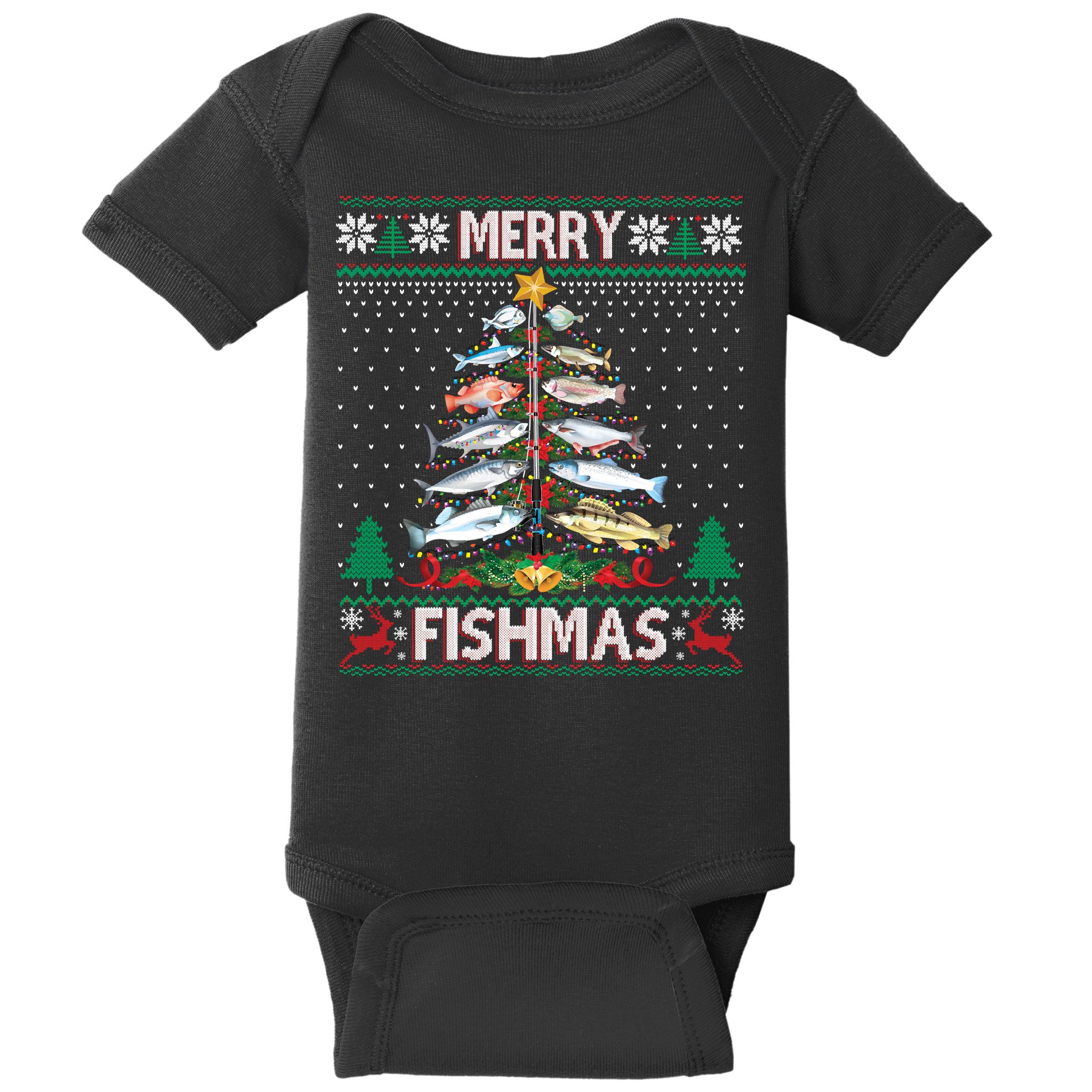 Merry Fishmas Ugly Sweater Fish Fishing Rod Christmas Tree Baby Bodysuit