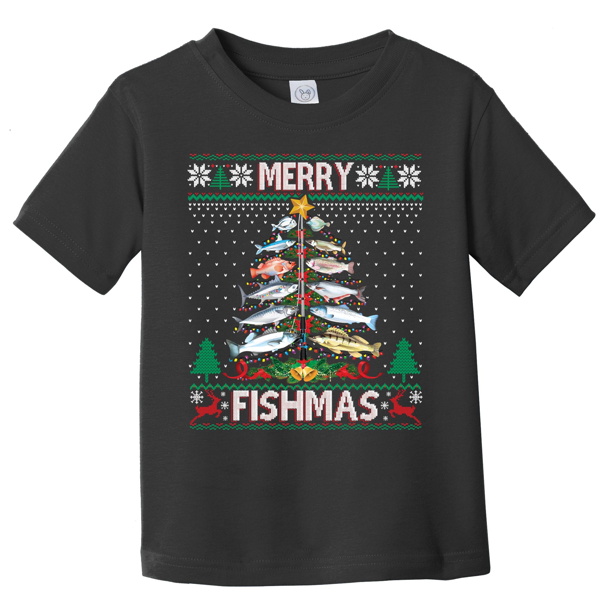Merry Fishmas Ugly Sweater Fish Fishing Rod Christmas Tree Toddler T-Shirt