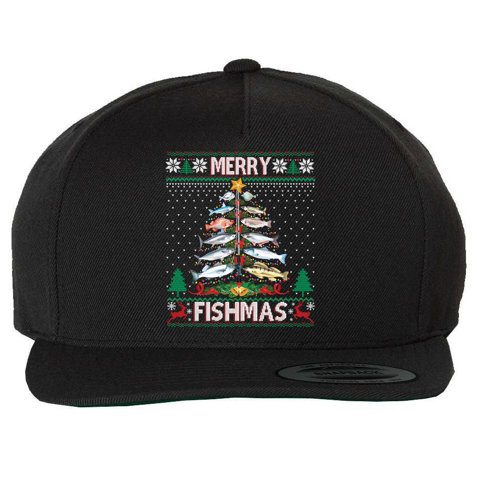 Merry Fishmas Ugly Sweater Fish Fishing Rod Christmas Tree Wool Snapback Cap