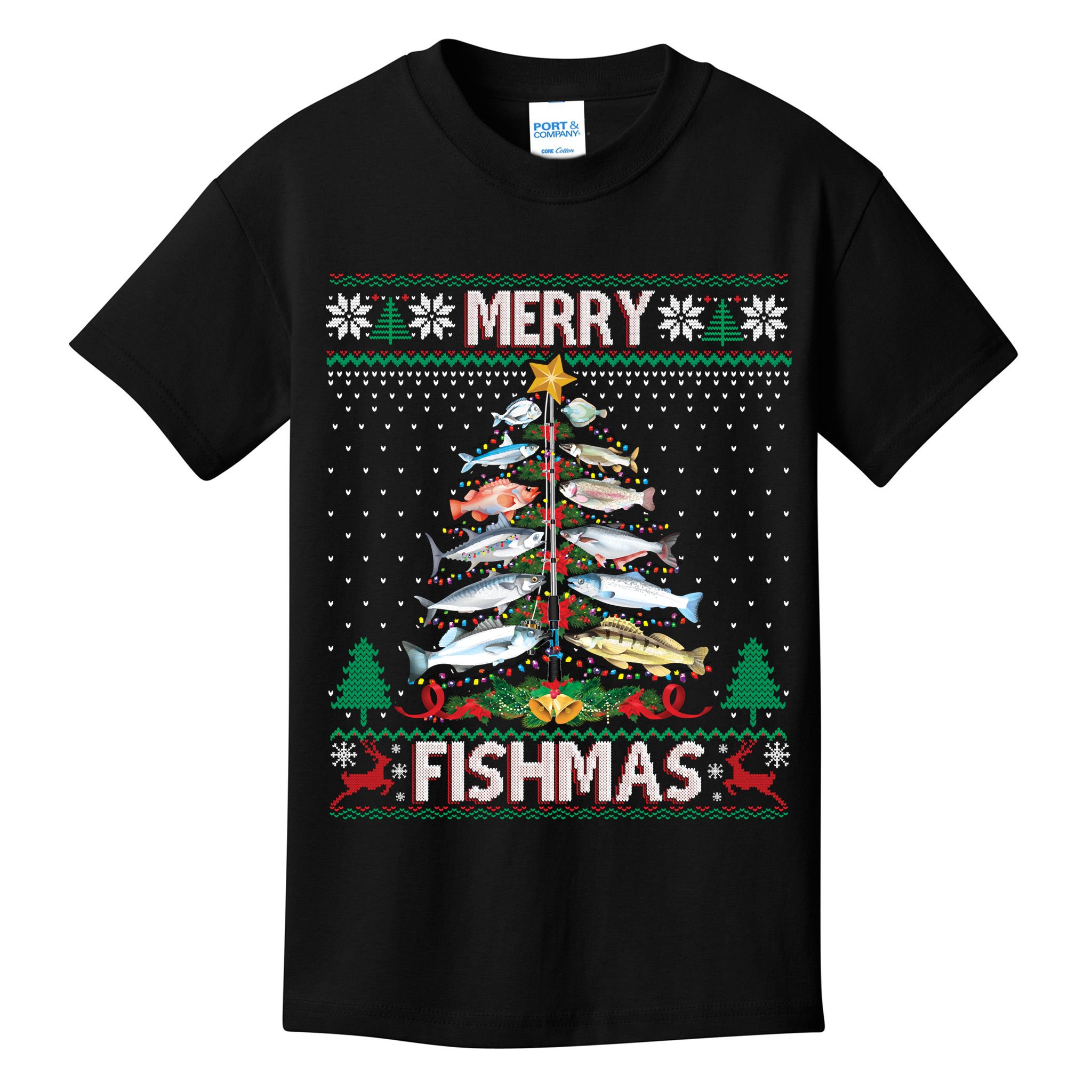 Merry Fishmas Ugly Sweater Fish Fishing Rod Christmas Tree Kids T-Shirt