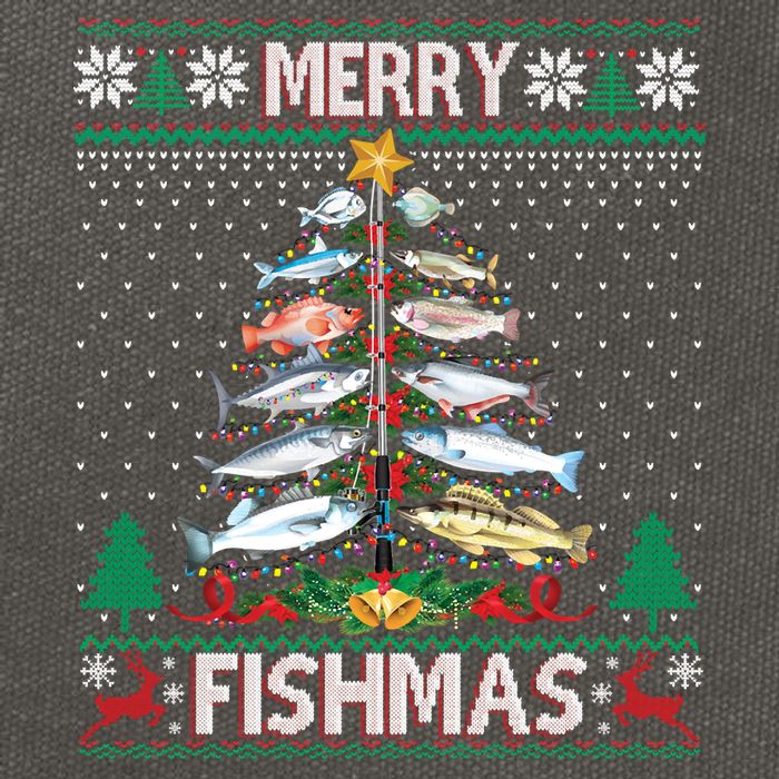 Merry Fishmas Ugly Sweater Fish Fishing Rod Christmas Tree Cotton Canvas Backpack