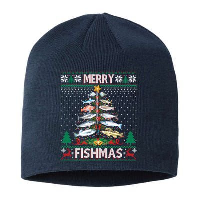 Merry Fishmas Ugly Sweater Fish Fishing Rod Christmas Tree Sustainable Beanie