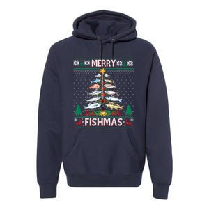 Merry Fishmas Ugly Sweater Fish Fishing Rod Christmas Tree Premium Hoodie