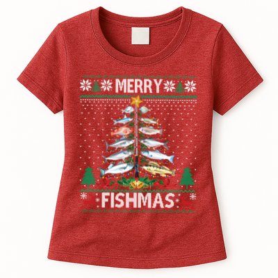Merry Fishmas Ugly Sweater Fish Fishing Rod Christmas Tree Womens T-Shirt