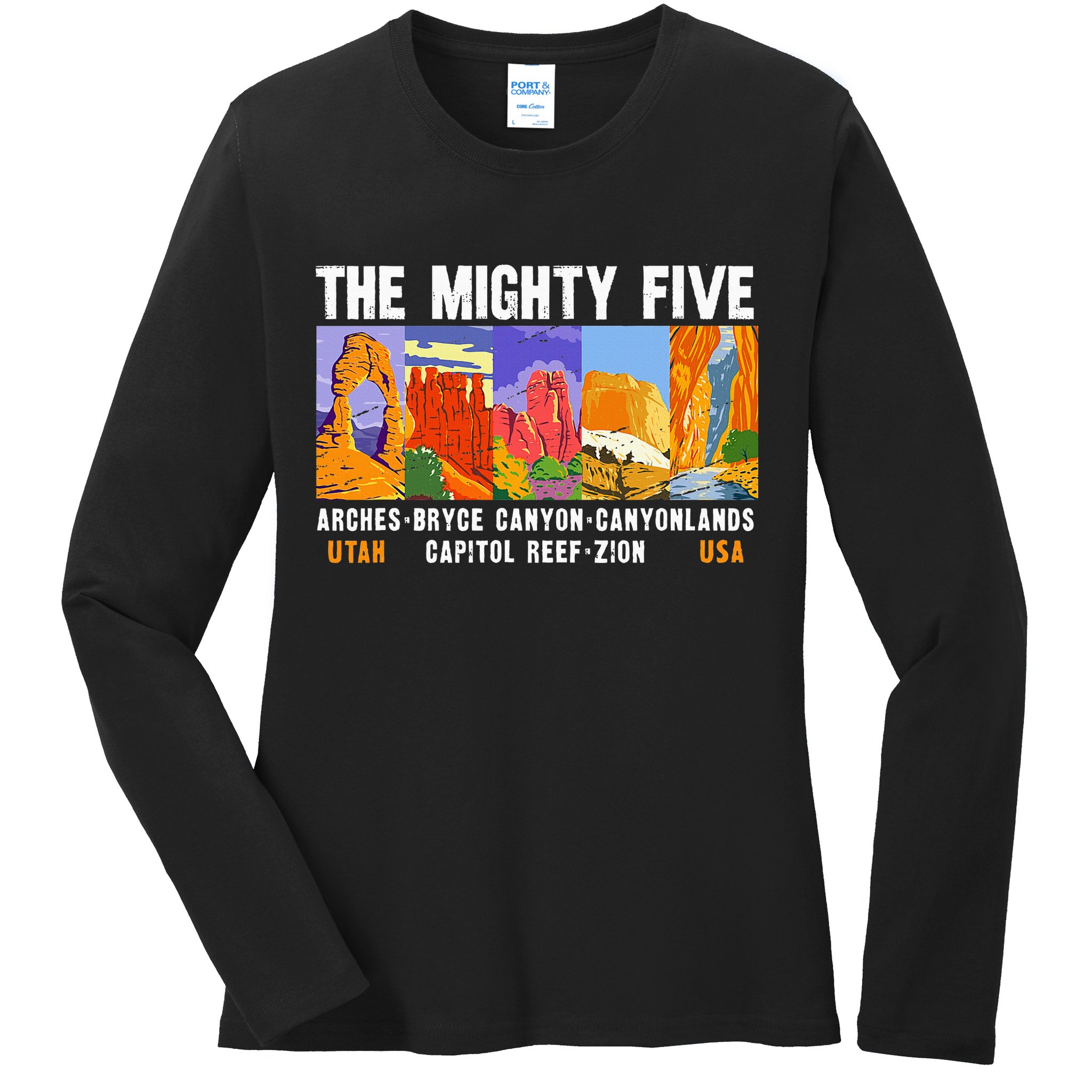 Mighty Five Utah National Parks Distressed Vintage Ladies Long Sleeve Shirt