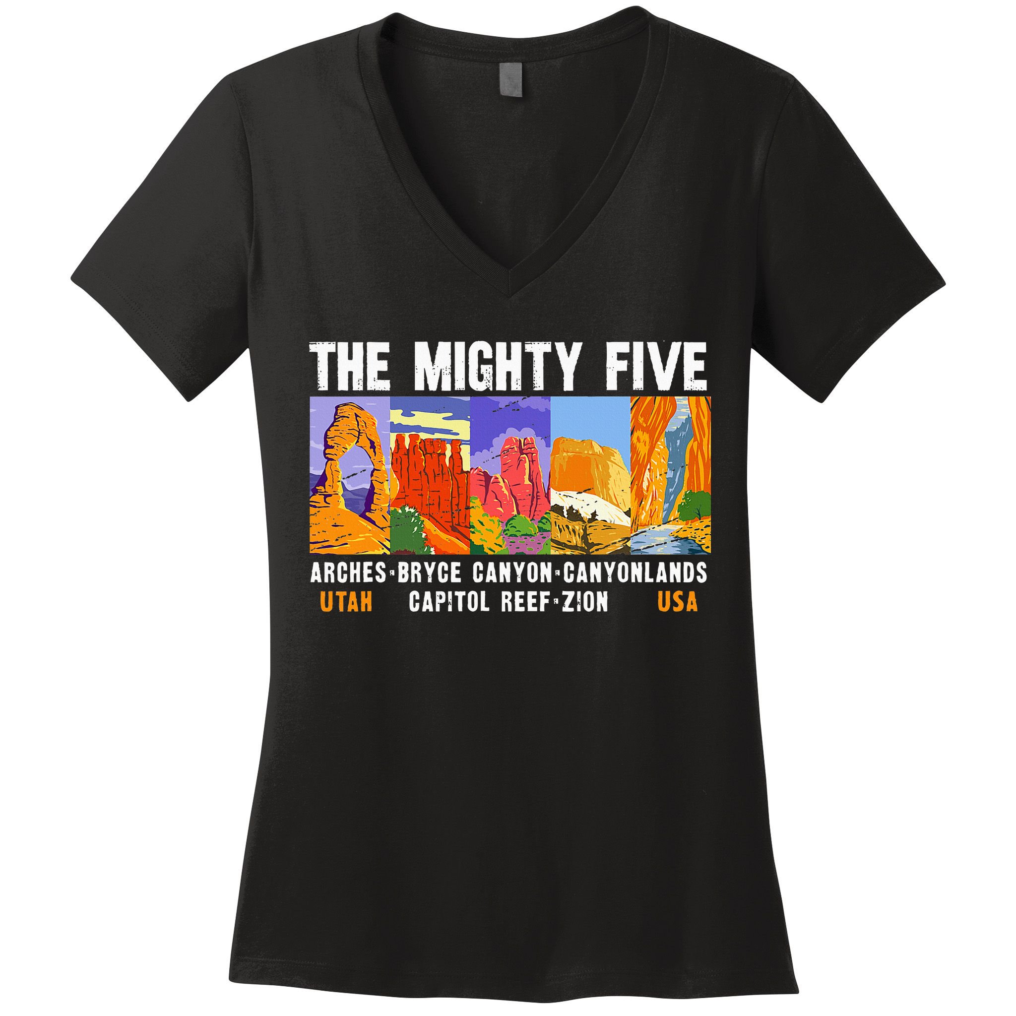 Mighty Five Utah National Parks Distressed Vintage Women's V-Neck T-Shirt
