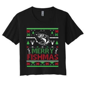 Merry Fishmas Ugly Christmas Apparel Bass Fish Gift Women's Crop Top Tee