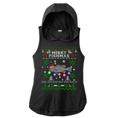 Merry Fishmas Ugly Christmas Fishing Funny Gift Large Mouth Bass Gift Ladies PosiCharge Tri-Blend Wicking Draft Hoodie Tank