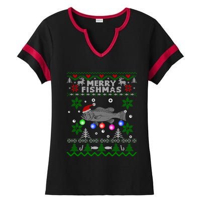 Merry Fishmas Ugly Christmas Fishing Funny Gift Large Mouth Bass Gift Ladies Halftime Notch Neck Tee