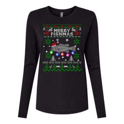 Merry Fishmas Ugly Christmas Fishing Funny Gift Large Mouth Bass Gift Womens Cotton Relaxed Long Sleeve T-Shirt