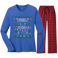 Merry Fishmas Ugly Christmas Fishing Funny Gift Large Mouth Bass Gift Women's Long Sleeve Flannel Pajama Set 