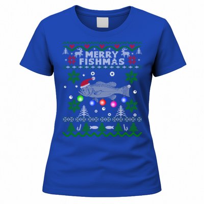 Merry Fishmas Ugly Christmas Fishing Funny Gift Large Mouth Bass Gift Women's T-Shirt