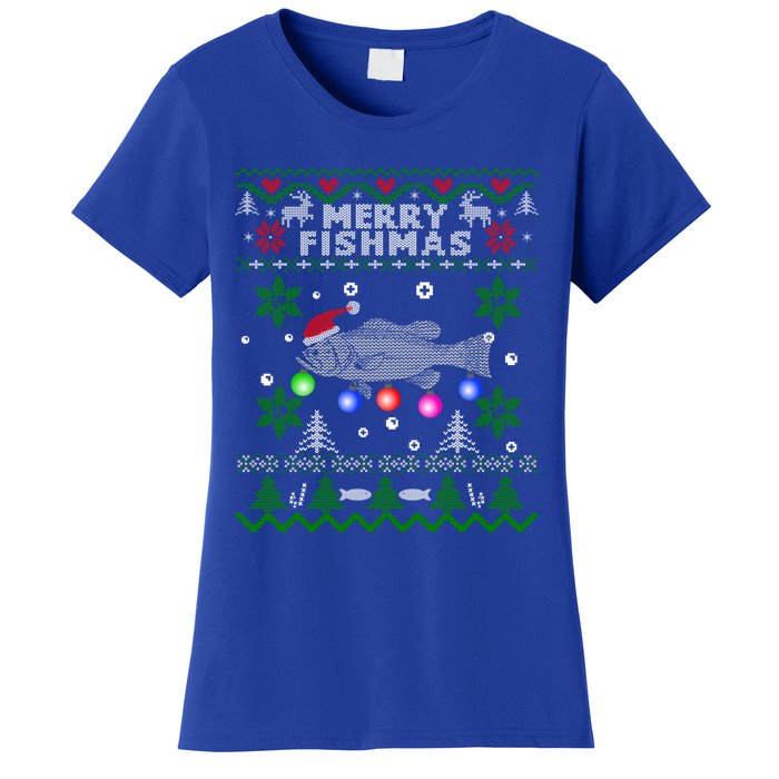 Merry Fishmas Ugly Christmas Fishing Funny Gift Large Mouth Bass Gift Women's T-Shirt