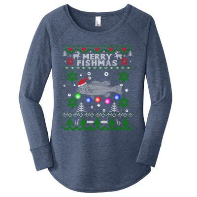 Merry Fishmas Ugly Christmas Fishing Funny Gift Large Mouth Bass Gift Women's Perfect Tri Tunic Long Sleeve Shirt