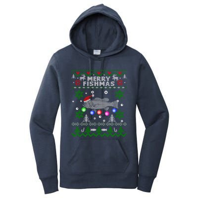 Merry Fishmas Ugly Christmas Fishing Funny Gift Large Mouth Bass Gift Women's Pullover Hoodie