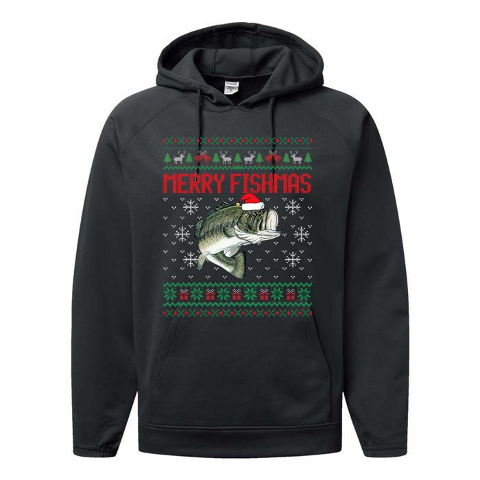 Merry Fishmas Ugly Christmas Sweater Angler Fishing Performance Fleece Hoodie