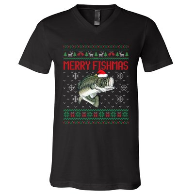 Merry Fishmas Ugly Christmas Sweater Angler Fishing V-Neck T-Shirt