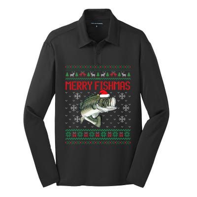 Merry Fishmas Ugly Christmas Sweater Angler Fishing Silk Touch Performance Long Sleeve Polo