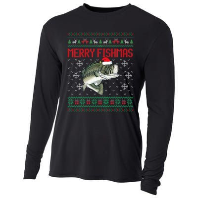 Merry Fishmas Ugly Christmas Sweater Angler Fishing Cooling Performance Long Sleeve Crew