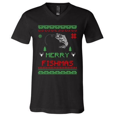 Merry Fishmas Ugly Fishing Christmas V-Neck T-Shirt