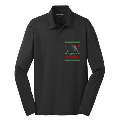 Merry Fishmas Ugly Fishing Christmas Silk Touch Performance Long Sleeve Polo