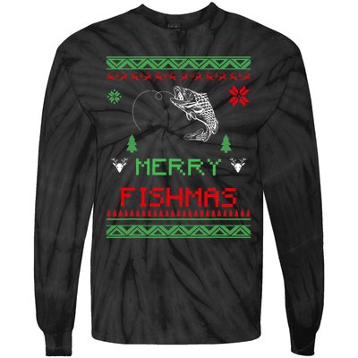 Merry Fishmas Ugly Fishing Christmas Tie-Dye Long Sleeve Shirt