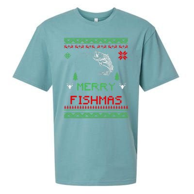 Merry Fishmas Ugly Fishing Christmas Sueded Cloud Jersey T-Shirt