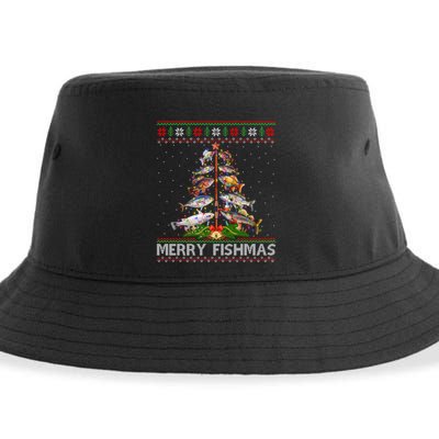 Merry Fishmas Ugly Sweater Fish Fishing Christmas Tree Gift Sustainable Bucket Hat