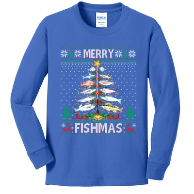 Merry Fishmas Ugly Sweater Fish Fishing Rod Christmas Tree Gift Kids Long Sleeve Shirt