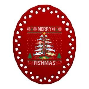 Merry Fishmas Ugly Sweater Fish Fishing Rod Christmas Tree Gift Ceramic Oval Ornament