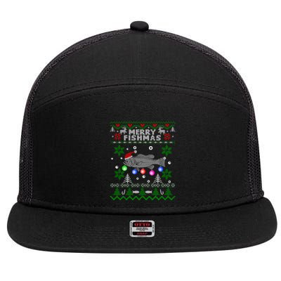 Merry Fishmas Ugly Christmas Fishing Gifts Large Mouth Bass 7 Panel Mesh Trucker Snapback Hat