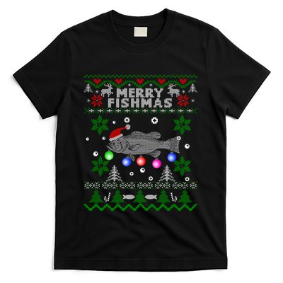 Merry Fishmas Ugly Christmas Fishing Gifts Large Mouth Bass T-Shirt