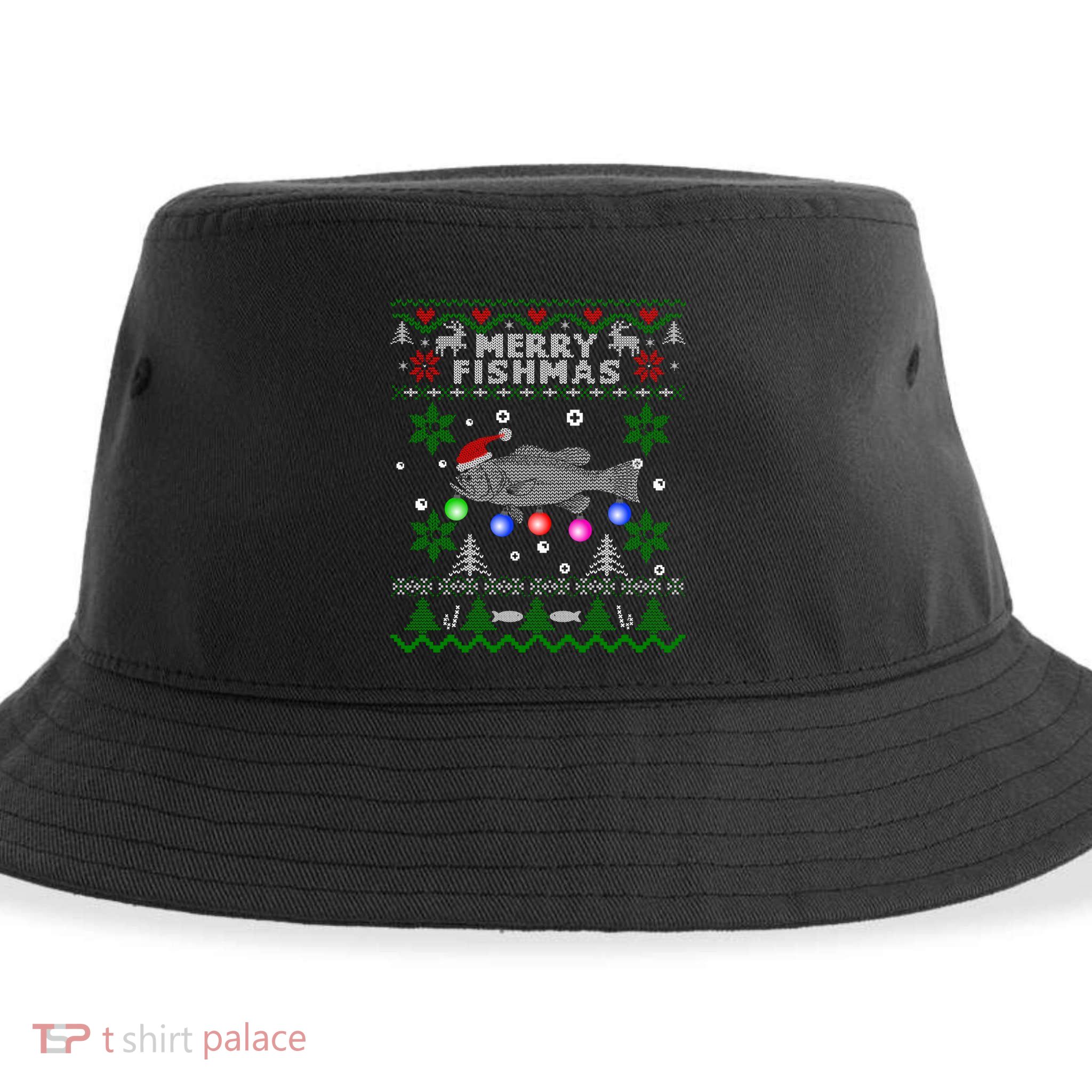 Merry Fishmas Ugly Christmas Fishing Gifts Large Mouth Bass Sustainable Bucket Hat