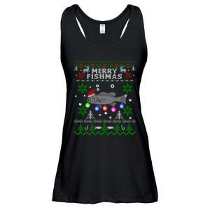 Merry Fishmas Ugly Christmas Fishing Gifts Large Mouth Bass Ladies Essential Flowy Tank