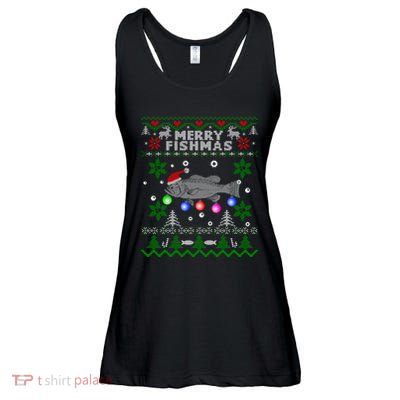 Merry Fishmas Ugly Christmas Fishing Gifts Large Mouth Bass Ladies Essential Flowy Tank
