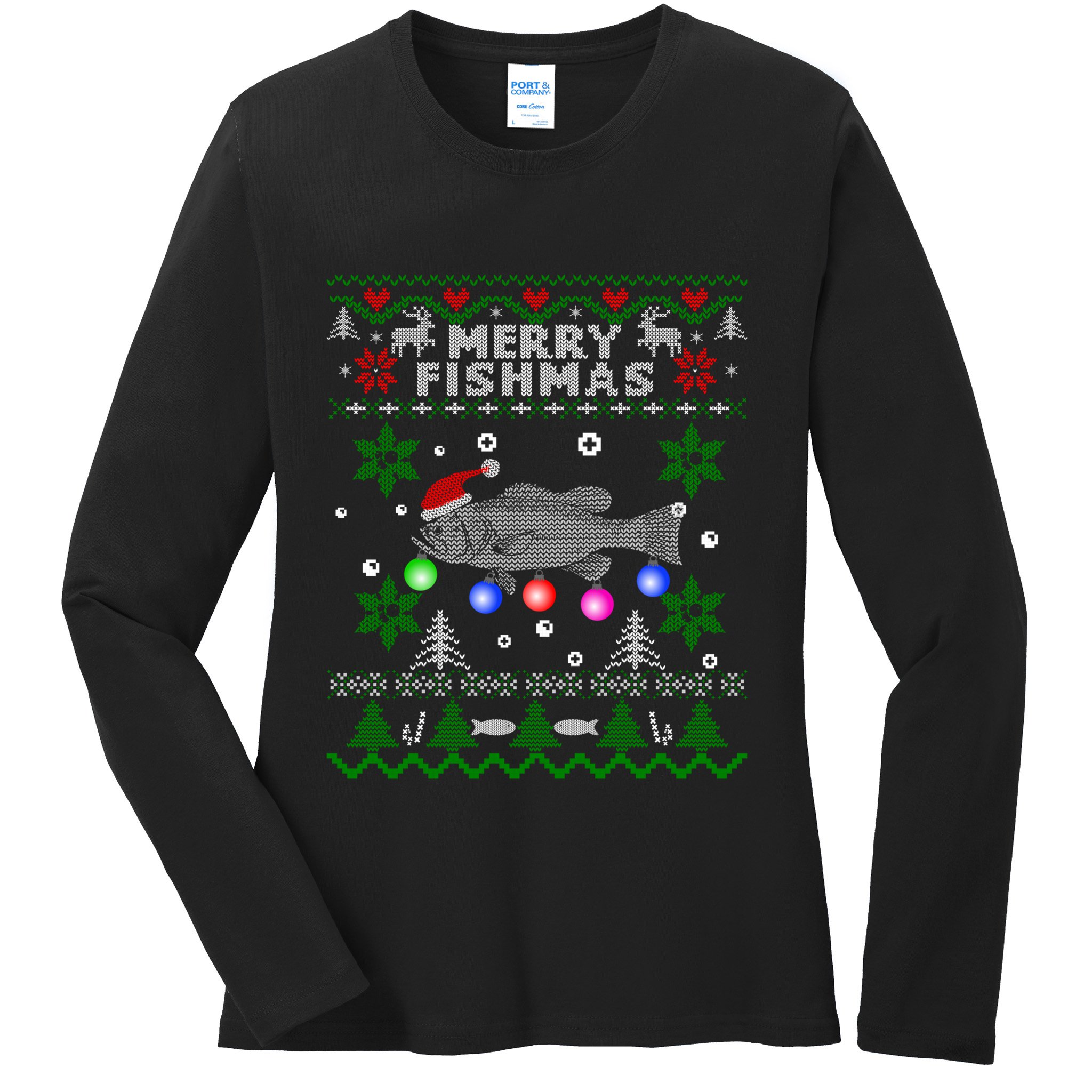 Merry Fishmas Ugly Christmas Fishing Gifts Large Mouth Bass Ladies Long Sleeve Shirt