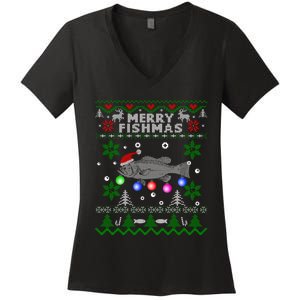 Merry Fishmas Ugly Christmas Fishing Gifts Large Mouth Bass Women's V-Neck T-Shirt