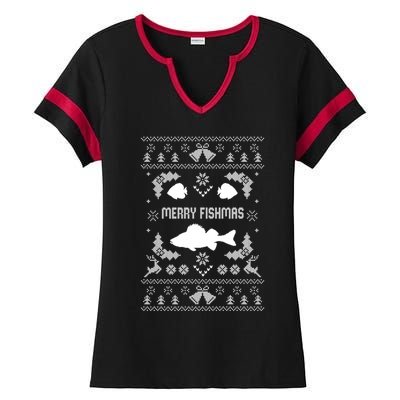 Merry Fishmas Ugly Fishing Christmas Bass Fish Xmas Funny Gift Ladies Halftime Notch Neck Tee