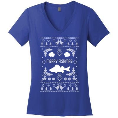 Merry Fishmas Ugly Fishing Christmas Bass Fish Xmas Funny Gift Women's V-Neck T-Shirt