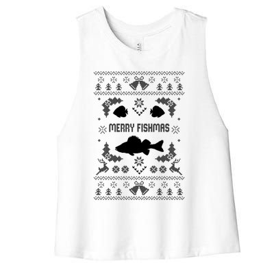 Merry Fishmas Ugly Fishing Christmas Bass Fish Xmas Funny Gift Women's Racerback Cropped Tank