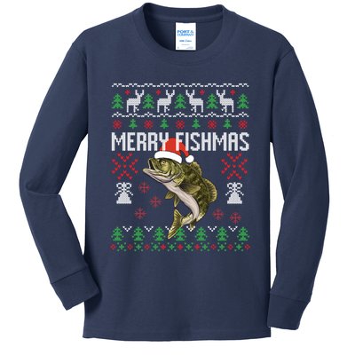 Merry Fishmas Ugly Christmas Sweater Funny Angler Fishing Kids Long Sleeve Shirt