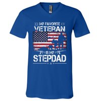 My Favorite Veteran Is My Stepdad Cool Gift Flag Father Veterans Day Cute Gift V-Neck T-Shirt