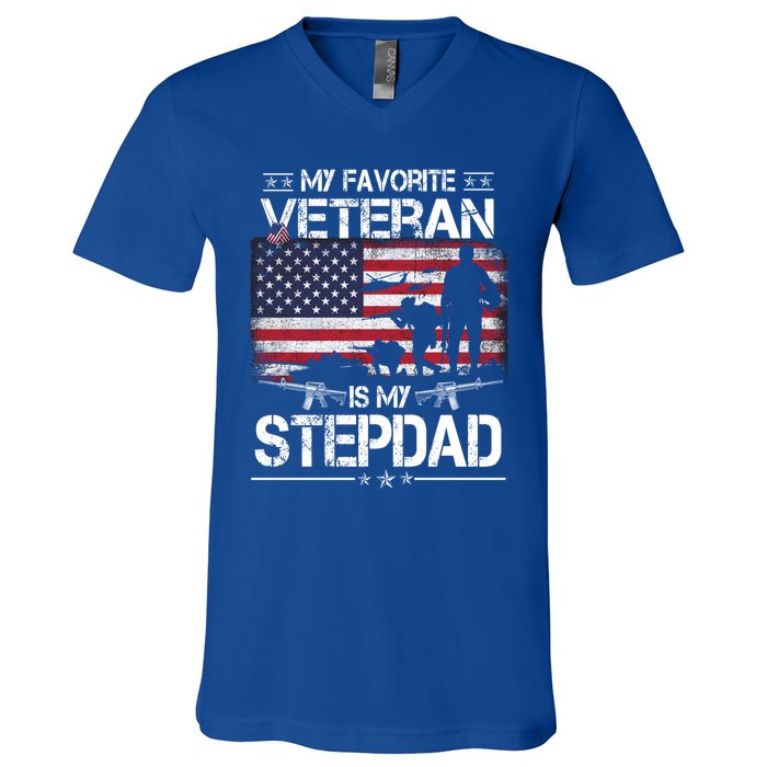 My Favorite Veteran Is My Stepdad Cool Gift Flag Father Veterans Day Cute Gift V-Neck T-Shirt