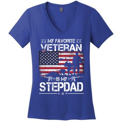 My Favorite Veteran Is My Stepdad Cool Gift Flag Father Veterans Day Cute Gift Women's V-Neck T-Shirt