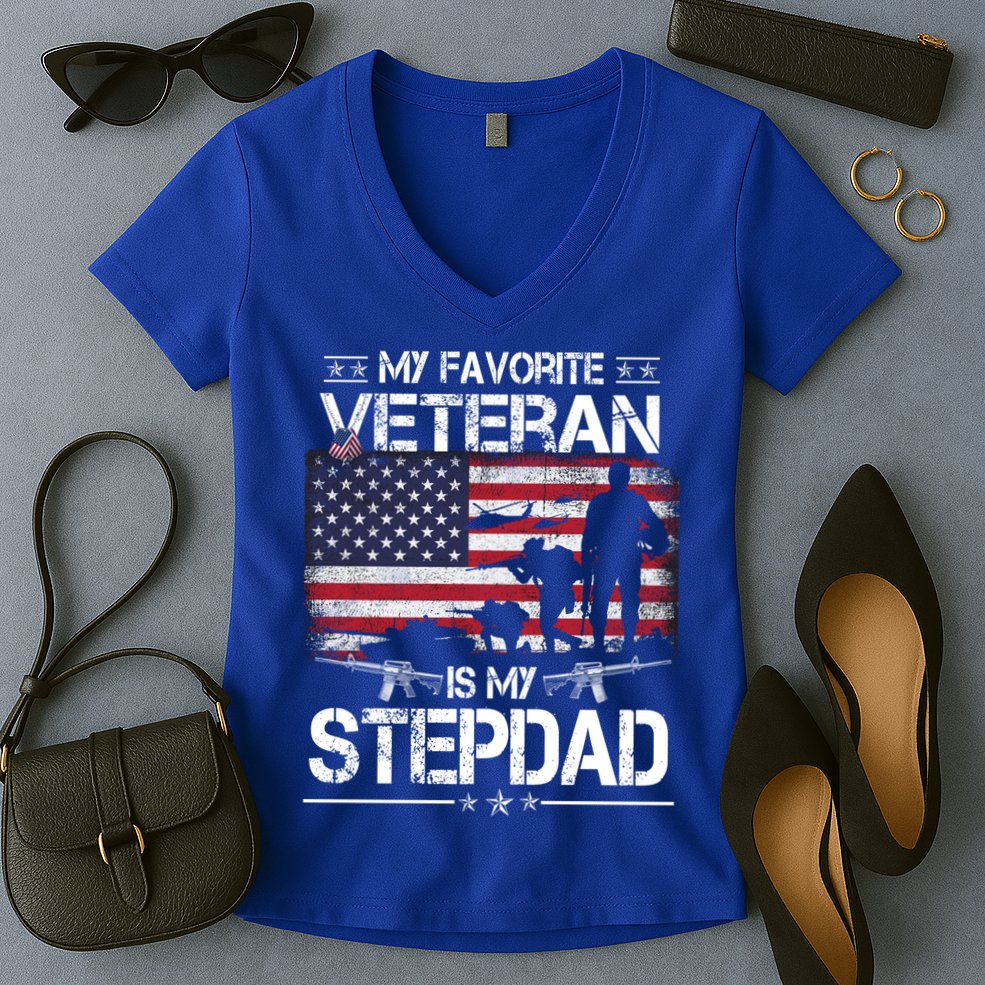 My Favorite Veteran Is My Stepdad Cool Gift Flag Father Veterans Day Cute Gift Women's V-Neck T-Shirt