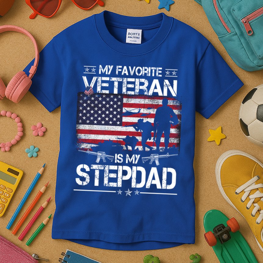 My Favorite Veteran Is My Stepdad Cool Gift Flag Father Veterans Day Cute Gift Kids T-Shirt
